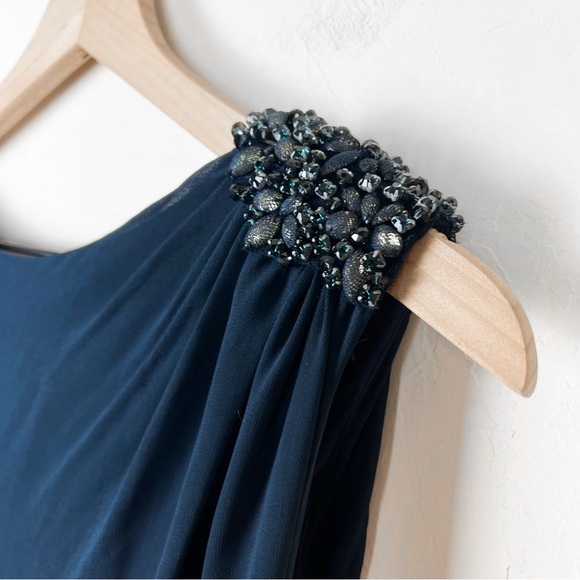 Tadashi Shoji Full Length Embellished Shoulder Open Back Gown Dress in Navy - Picture 3 of 11